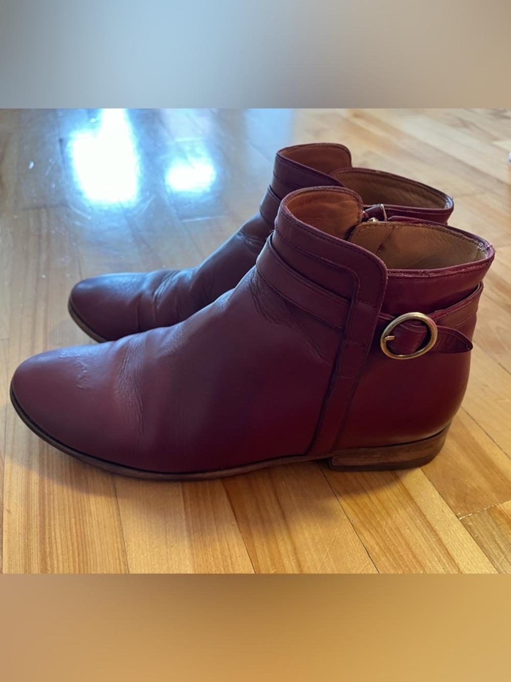 Sezane Burgundy Leather Ankle Boots with Side Buckle